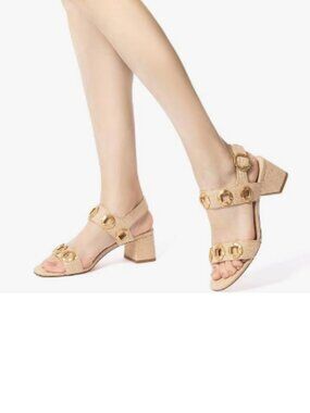YDN Gold Open Toe Sandals Chunky Block Dressy Low Heels Backstrap with Buckle
